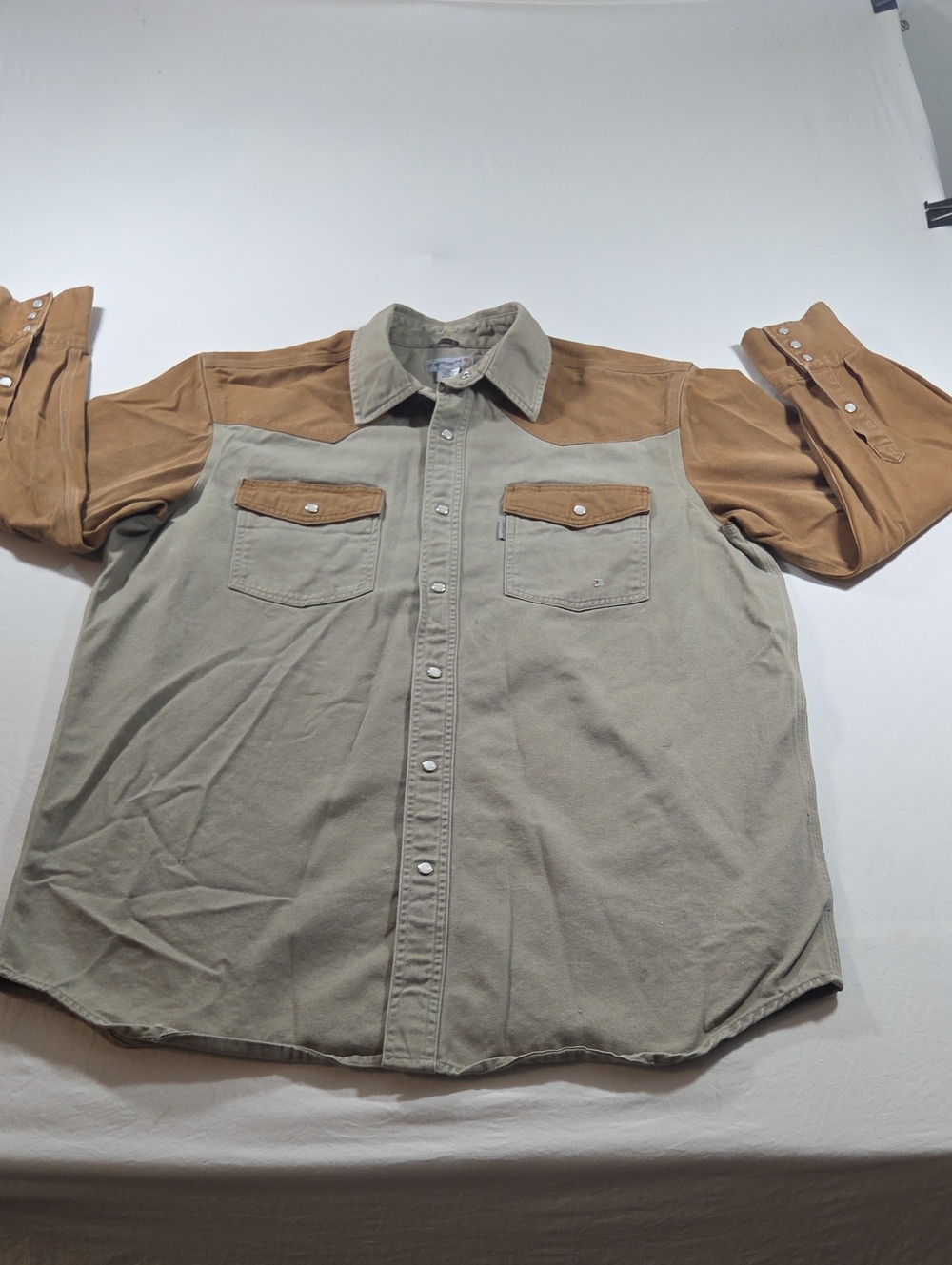 Carhartt Snap Button Down Work Shirt Two-Tone Western Rugged Look Men Tan Olive